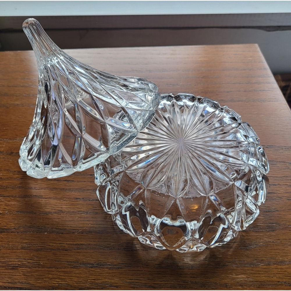 Vintage Hershey Kiss Diamond Cut Crystal‎ Glass Trinket Candy Small Dish w/Lid